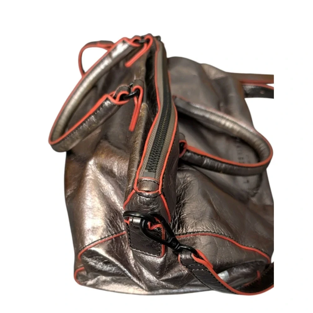 Liebeskind Berlin Metallic Bronze Leather Satchel Bag Neon Orange Trim Crossbody